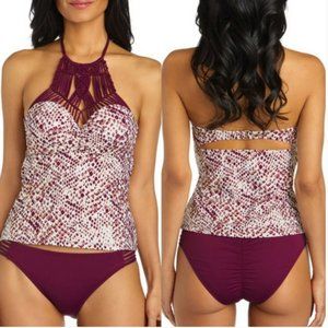 NWT | Ambrielle | Snakeskin Burgundy/Maroon & Gold Macrame Tankini | Large